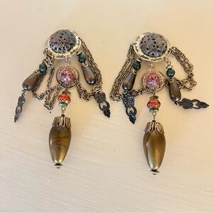 Vintage Boho Tribal Clip On Statement Earrings Gold 4” Drop